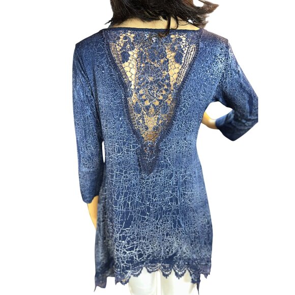 (5 for $25)Ethereal Los Angeles Lace Inset 3/4 Blouse in Blue Size Small - Picture 5 of 9